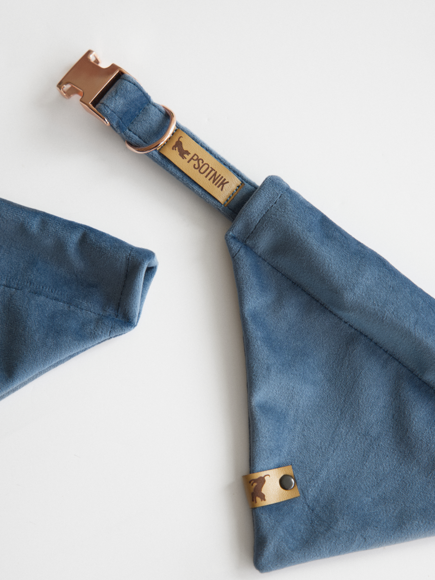 Welurowa niebieska bandana dla psa założona na obrożę