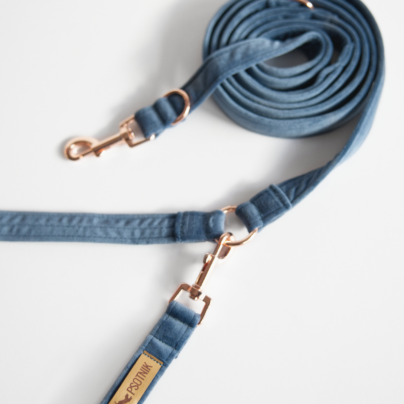 Welurowa smycz przepinana dla psa w kolorze niebieskim