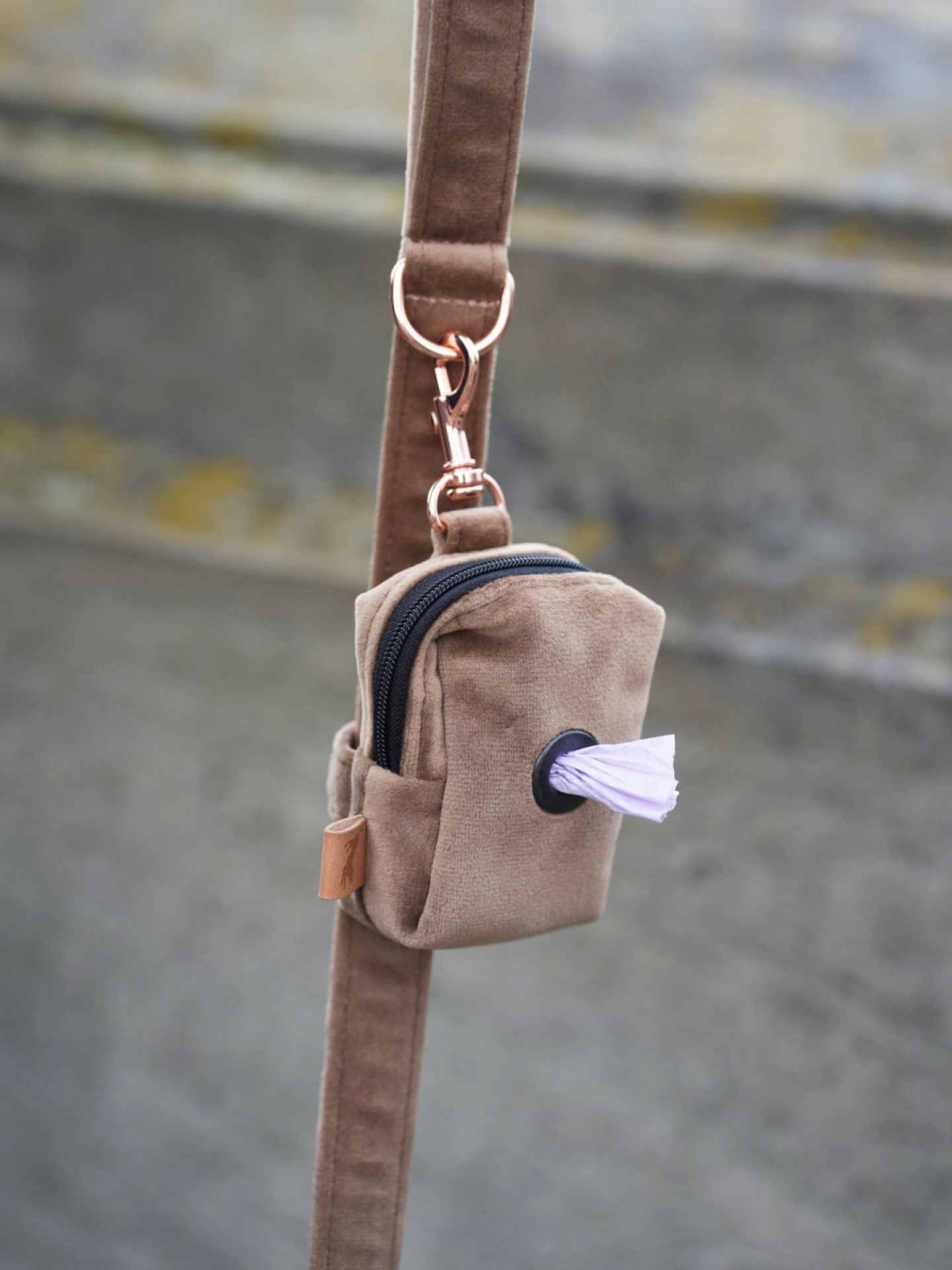 Zdjęcie brązowego welurowego etui na kupoworki dla psa