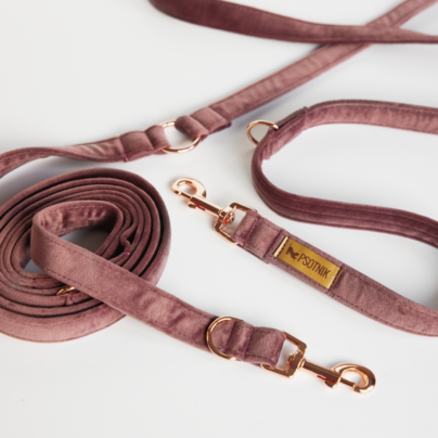 Welurowa wrzosowa smycz przepinana dla psa