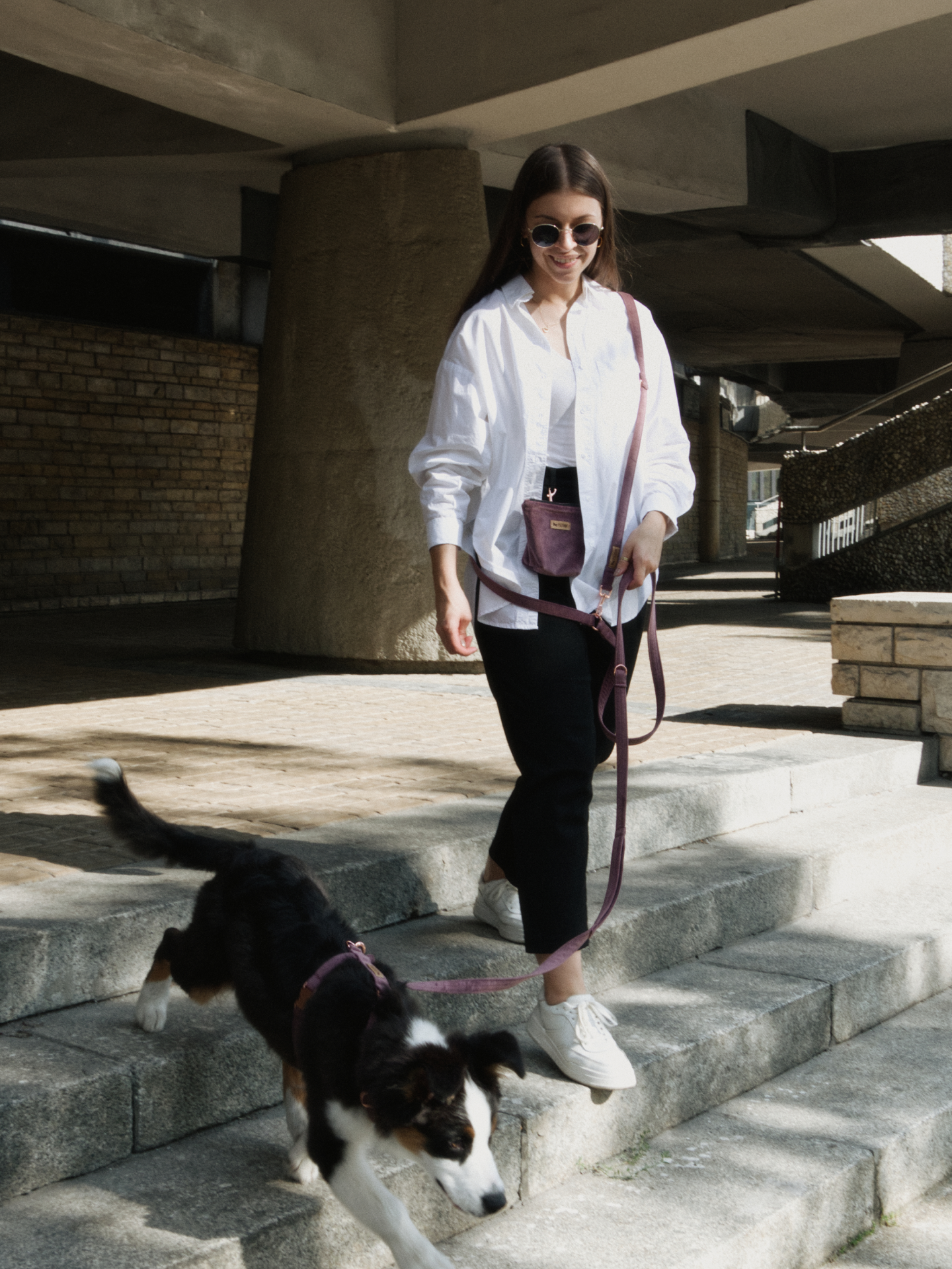 Zdjęcie welurowej wrzosowej smyczy przepinanej handsfree